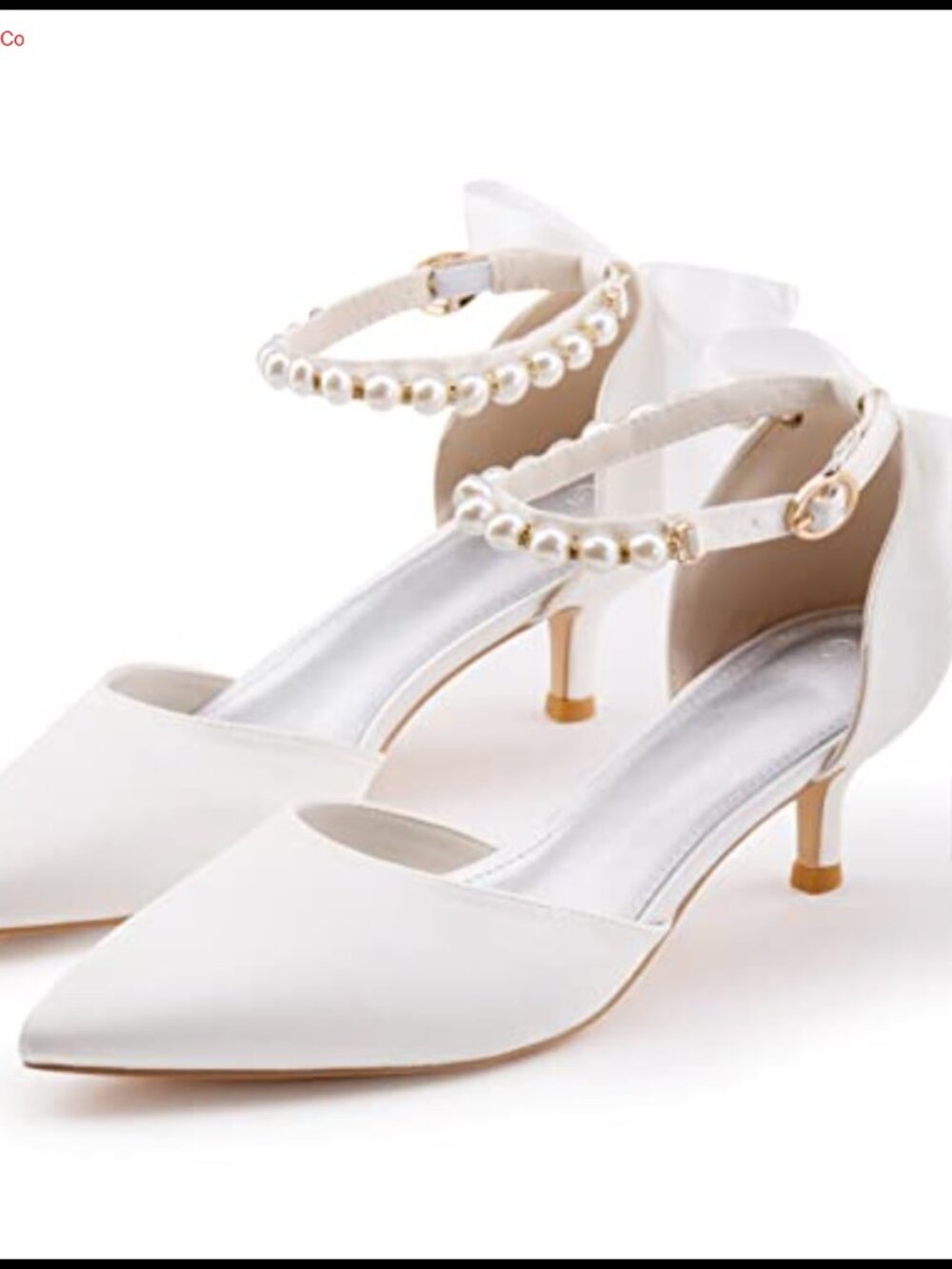 Women's Pearl Ankle Strap Kitten Heel D'Orsay Satin Pumps Pointed Toe Wedding - Picture 2 of 6